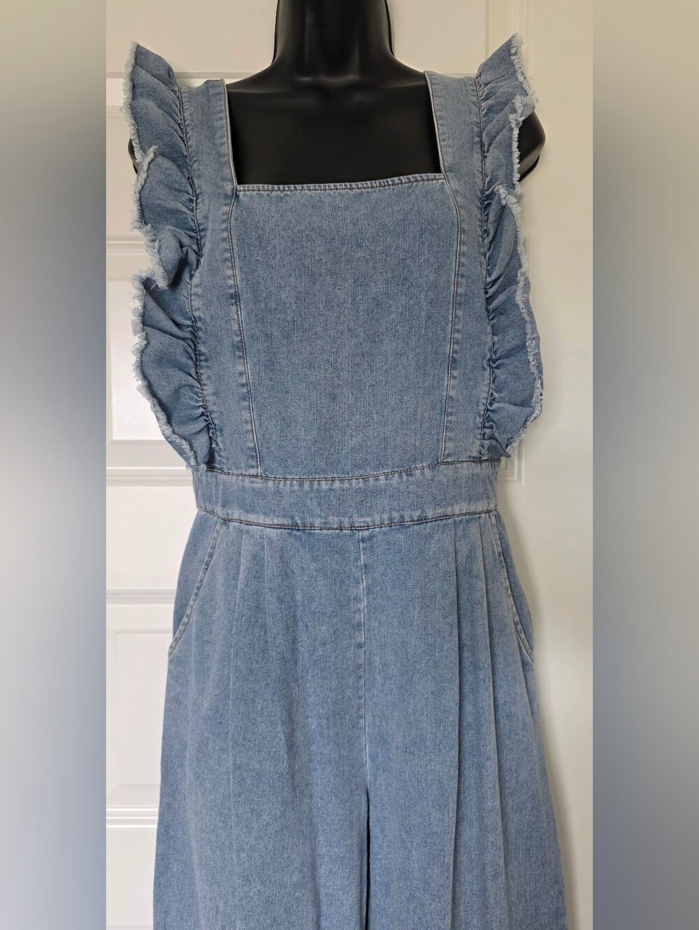 Light Blue Denim Ruffled Wide-Leg Jumpsuit - Picture 2 of 7